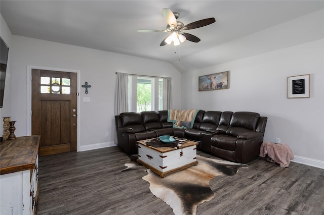 110 Thode St, Whitesboro, TX 76273 - living room featuring dark wood-type flooring, baseboards, ceiling fan, and vaulted ceiling