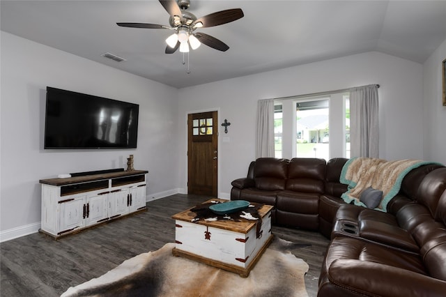 110 Thode St, Whitesboro, TX 76273 - living room with a ceiling fan, dark wood-style flooring, and baseboards