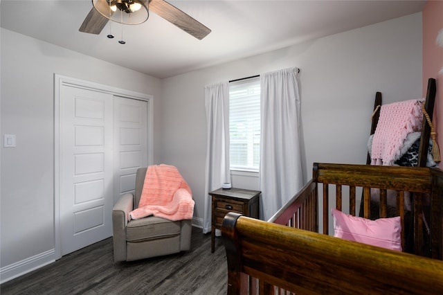 110 Thode St, Whitesboro, TX 76273 - bedroom featuring dark wood-type flooring, baseboards, a closet, and ceiling fan