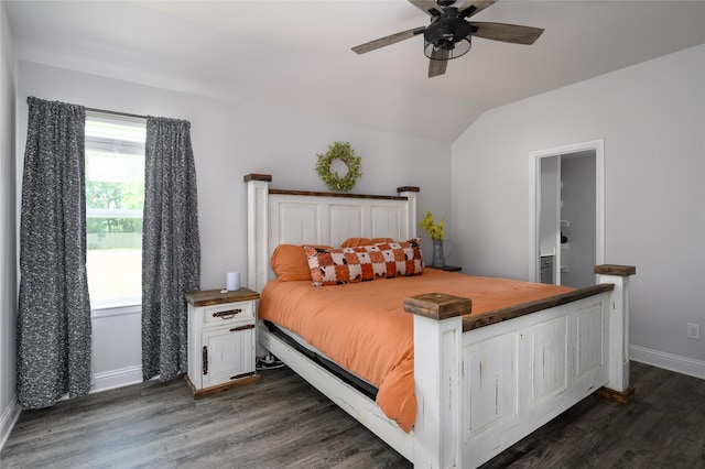 110 Thode St, Whitesboro, TX 76273 - bedroom with dark wood-style floors, lofted ceiling, baseboards, connected bathroom, and ceiling fan