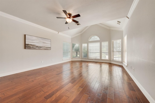 402 Thistle Ct, Southlake, TX 76092 - unfurnished room featuring dark wood-style flooring, ceiling fan, baseboards, high vaulted ceiling, and ornamental molding