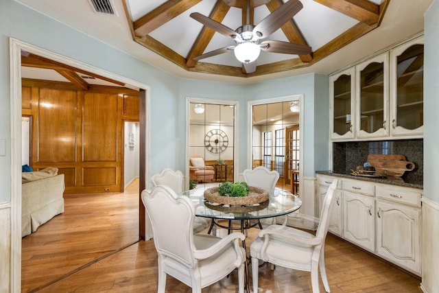 2134 Teton, Carrollton, TX 75006 - dining area with beamed ceiling, a ceiling fan, and light wood-style floors