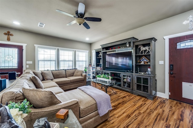 395 Yacht Cb Rd, Oak Point, TX 75068 - living area with ceiling fan, wood finished floors, healthy amount of natural light, and recessed lighting
