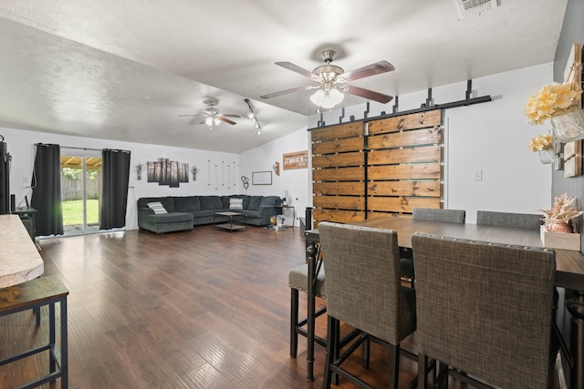 7504 Kingsmill Ter, Fort Worth, TX 76112 - dining space featuring lofted ceiling, wood finished floors, and ceiling fan