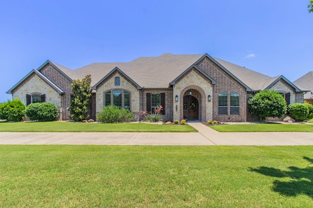 3340 Pleasantville Rd, Midlothian, TX 76065 - french country home featuring stone siding, a front yard, and brick siding