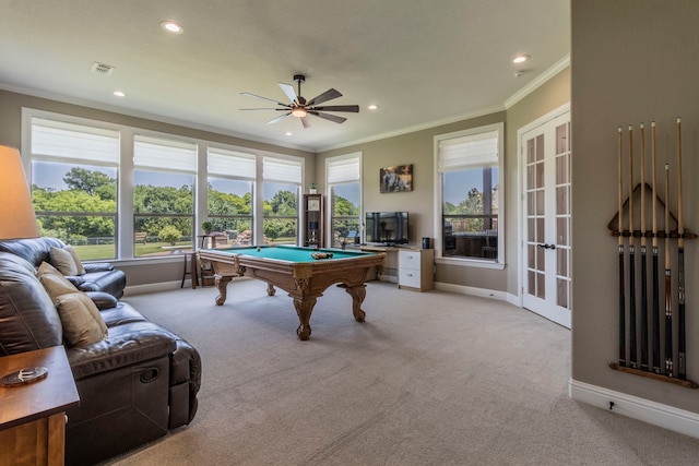 3340 Pleasantville Rd, Midlothian, TX 76065 - recreation room featuring crown molding, pool table, ceiling fan, recessed lighting, and french doors