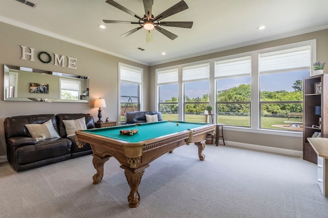 3340 Pleasantville Rd, Midlothian, TX 76065 - rec room with carpet flooring, ornamental molding, billiards table, a ceiling fan, and recessed lighting