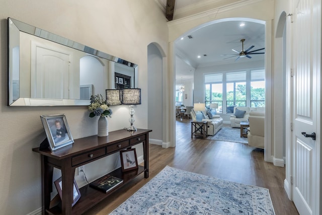 3340 Pleasantville Rd, Midlothian, TX 76065 - hall featuring ornamental molding, arched walkways, wood finished floors, and recessed lighting