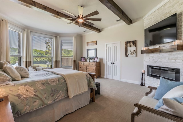 3340 Pleasantville Rd, Midlothian, TX 76065 - bedroom with carpet, beam ceiling, multiple windows, a fireplace, and ornamental molding
