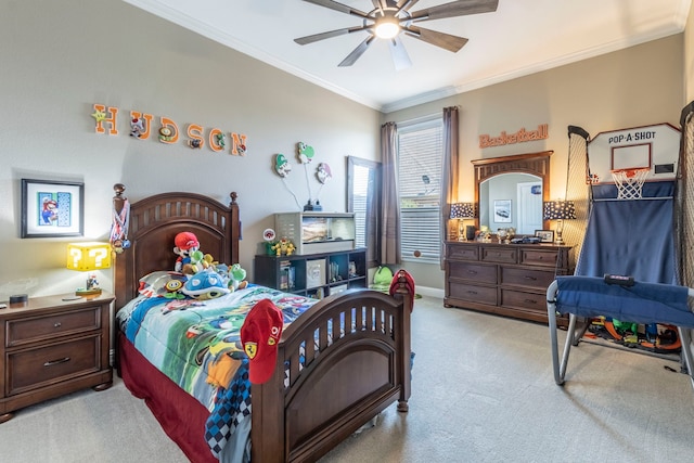 3340 Pleasantville Rd, Midlothian, TX 76065 - bedroom featuring light carpet, crown molding, and a ceiling fan