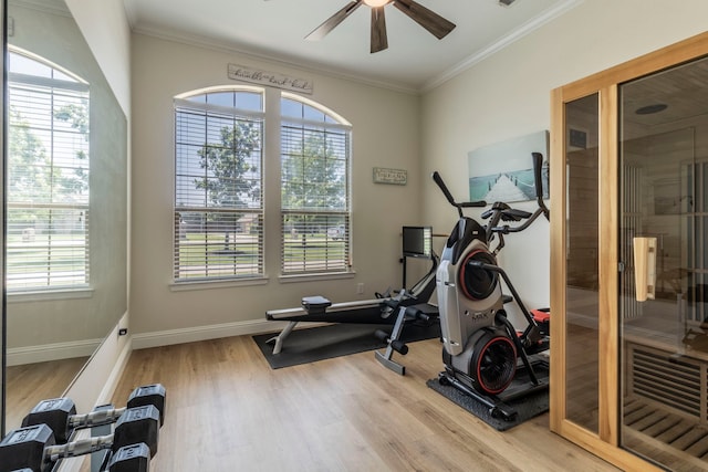 3340 Pleasantville Rd, Midlothian, TX 76065 - workout area featuring a ceiling fan, wood finished floors, and ornamental molding
