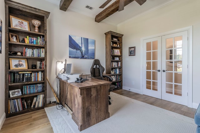3340 Pleasantville Rd, Midlothian, TX 76065 - office space with french doors, light wood-style floors, beamed ceiling, ceiling fan, and ornamental molding