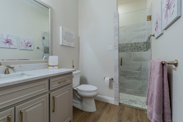3340 Pleasantville Rd, Midlothian, TX 76065 - bathroom featuring a stall shower, vanity, and wood finished floors