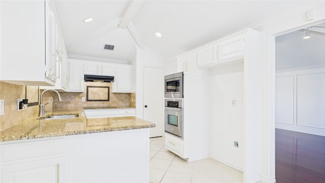 411 Roaring Springs Dr, Allen, TX 75002 - kitchen featuring stainless steel appliances, a sink, light stone counters, under cabinet range hood, and backsplash