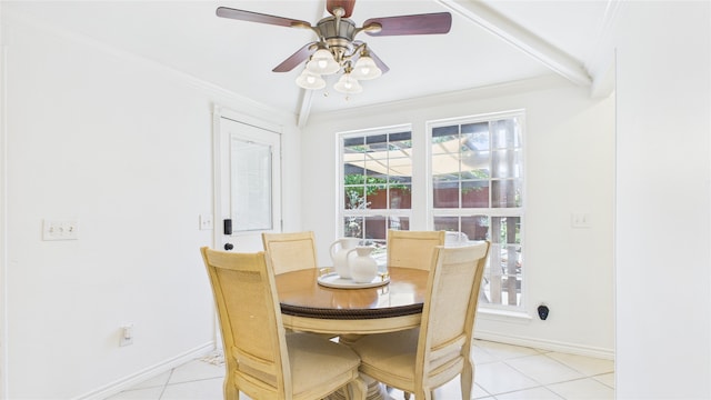411 Roaring Springs Dr, Allen, TX 75002 - dining area with baseboards, ornamental molding, light tile patterned floors, and a ceiling fan