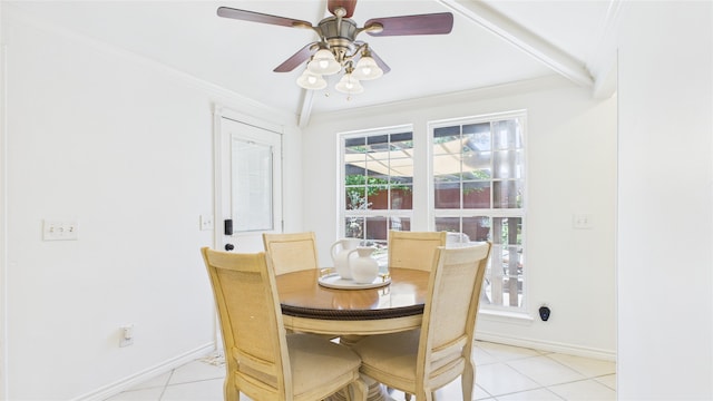 411 Roaring Springs Dr, Allen, TX 75002 - dining room featuring baseboards, ornamental molding, light tile patterned floors, and ceiling fan