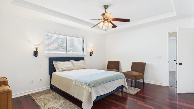 411 Roaring Springs Dr, Allen, TX 75002 - bedroom with wood finished floors, a tray ceiling, ornamental molding, baseboards, and ceiling fan