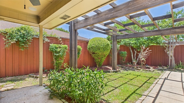 411 Roaring Springs Dr, Allen, TX 75002 - fenced backyard with a pergola and a ceiling fan