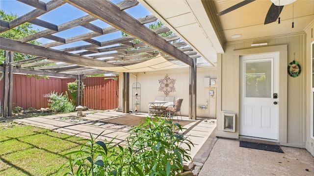 411 Roaring Springs Dr, Allen, TX 75002 - doorway to property with a pergola, a patio area, and ceiling fan