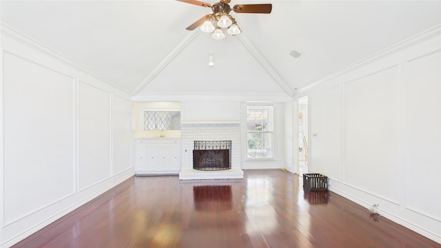 411 Roaring Springs Dr, Allen, TX 75002 - unfurnished living room featuring a decorative wall, a ceiling fan, lofted ceiling, a fireplace, and wood finished floors