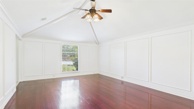 411 Roaring Springs Dr, Allen, TX 75002 - spare room featuring a decorative wall, ceiling fan, vaulted ceiling, and wood finished floors
