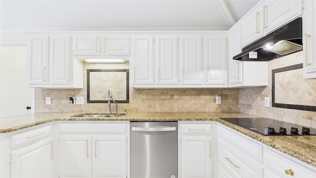 411 Roaring Springs Dr, Allen, TX 75002 - kitchen featuring stainless steel dishwasher, under cabinet range hood, black electric stovetop, tasteful backsplash, and vaulted ceiling