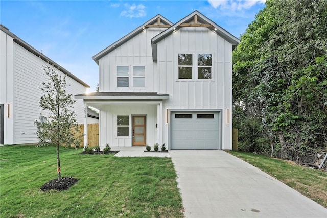 4523 Wahoo St, Dallas, TX 75210 - modern farmhouse style home with board and batten siding, driveway, a front yard, and a garage