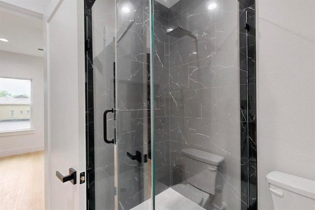4523 Wahoo St, Dallas, TX 75210 - bathroom with toilet, a shower stall, and recessed lighting