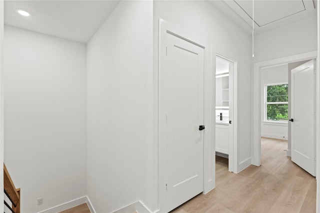 4523 Wahoo St, Dallas, TX 75210 - hall with attic access, light wood-style floors, baseboards, and recessed lighting