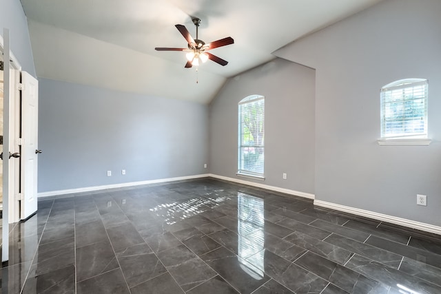 2128 Chambers Dr, Allen, TX 75013 - empty room featuring ceiling fan, vaulted ceiling, and baseboards