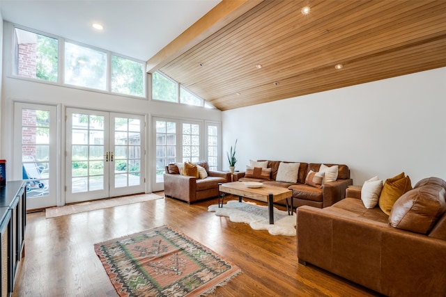 4229 Colgate Ave, University Park, TX 75225 - living area featuring french doors, wood finished floors, recessed lighting, high vaulted ceiling, and wood ceiling with exposed beams