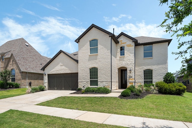 7020 Cross Point Ln, Little Elm, TX 76227 - french country home featuring stone siding, a front lawn, driveway, a garage, and brick siding