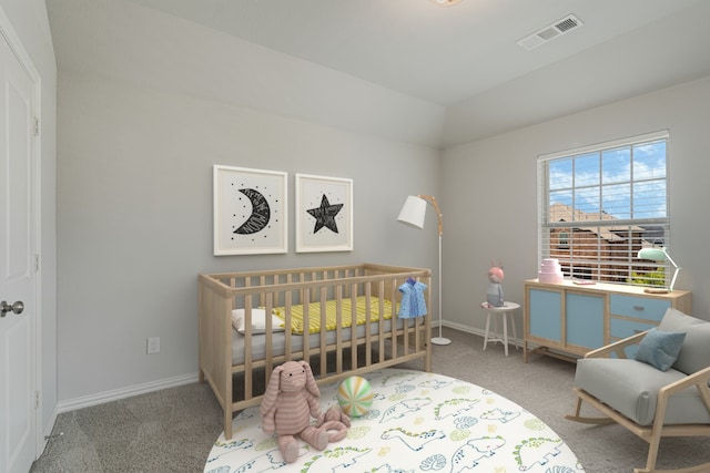 7020 Cross Point Ln, Little Elm, TX 76227 - bedroom featuring carpet floors, baseboards, a crib, and lofted ceiling