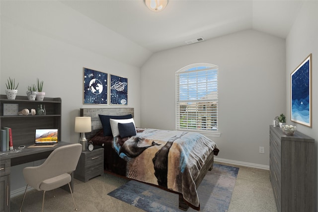 7020 Cross Point Ln, Little Elm, TX 76227 - bedroom with light colored carpet, lofted ceiling, a desk, and baseboards