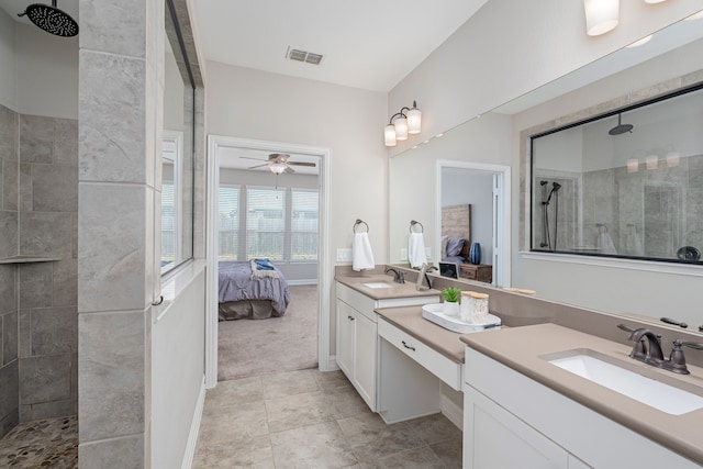 1205 Glacier Ct, Celina, TX 75009 - full bath featuring connected bathroom, two vanities, walk in shower, ceiling fan, and tile patterned flooring