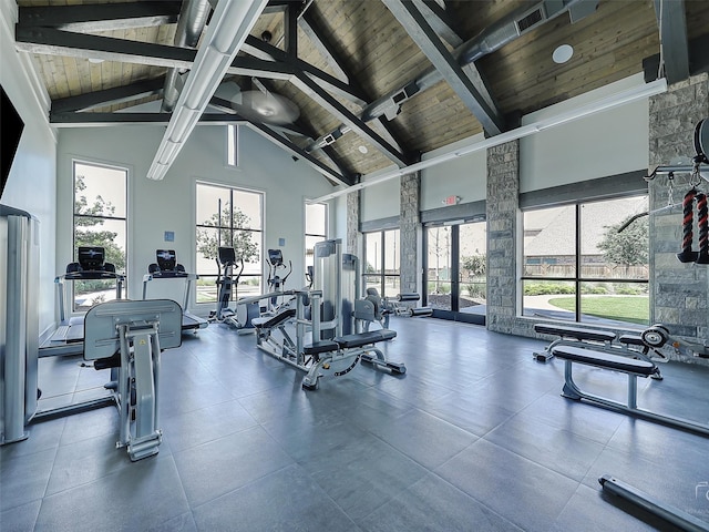 2624 Bellevue, The Colony, TX 75056 - workout area featuring high vaulted ceiling and wood ceiling with exposed beams