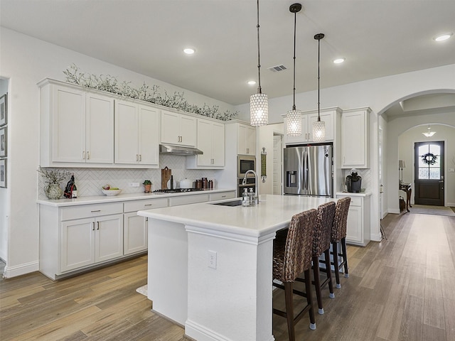 2624 Bellevue, The Colony, TX 75056 - kitchen featuring appliances with stainless steel finishes, a sink, under cabinet range hood, light wood-style floors, and backsplash