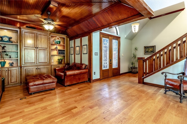 2310 Castle Rock Rd, Arlington, TX 76006 - entryway with wooden ceiling, vaulted ceiling, stairs, light wood-style floors, and a ceiling fan