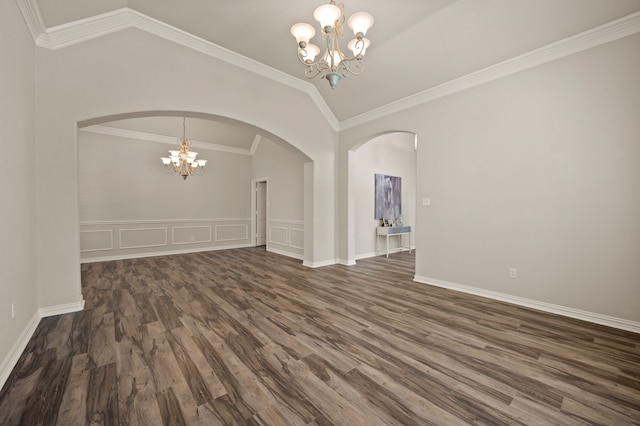 324 Lakeside Oaks Cir, Lakeside, TX 76135 - empty room featuring a chandelier, lofted ceiling, arched walkways, dark wood-type flooring, and crown molding