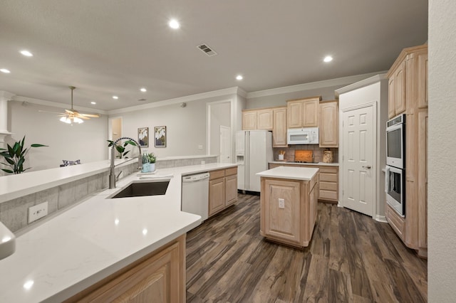 324 Lakeside Oaks Cir, Lakeside, TX 76135 - kitchen with a sink, white appliances, light brown cabinetry, ornamental molding, and a center island