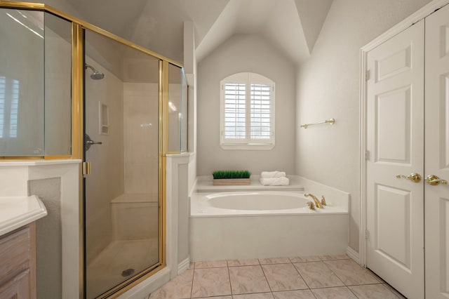 324 Lakeside Oaks Cir, Lakeside, TX 76135 - full bathroom featuring a garden tub, a stall shower, vanity, and vaulted ceiling
