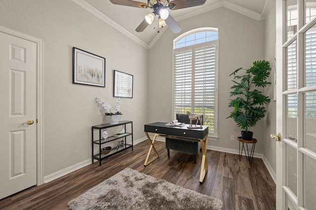 324 Lakeside Oaks Cir, Lakeside, TX 76135 - home office featuring vaulted ceiling, ceiling fan, dark wood-style floors, crown molding, and baseboards