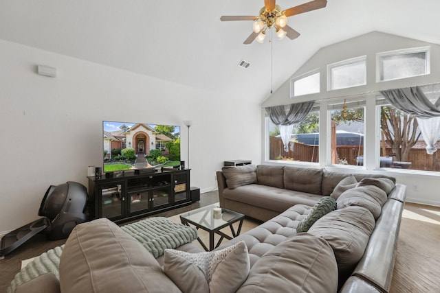 4206 Creekbluff Dr, Rowlett, TX 75088 - living room with ceiling fan, wood finished floors, high vaulted ceiling, and baseboards