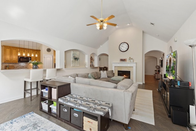 4206 Creekbluff Dr, Rowlett, TX 75088 - living room with a ceiling fan, dark wood finished floors, high vaulted ceiling, and a fireplace