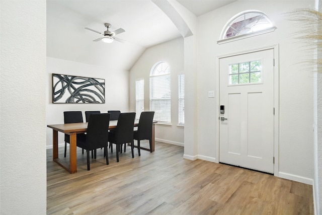 211 Windsong Way, Allen, TX 75002 - entrance foyer with arched walkways, light wood-style floors, vaulted ceiling, a ceiling fan, and baseboards