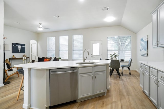 211 Windsong Way, Allen, TX 75002 - kitchen with dishwasher, a sink, gray cabinetry, light wood-style floors, and light countertops