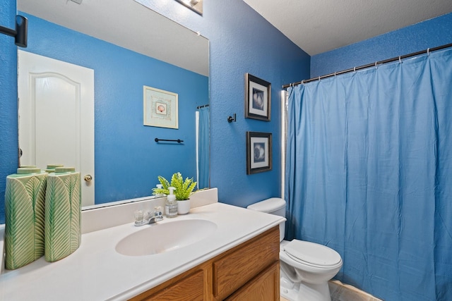 419 NW Murphy Rd, Burleson, TX 76028 - full bathroom featuring vanity, a textured wall, and curtained shower