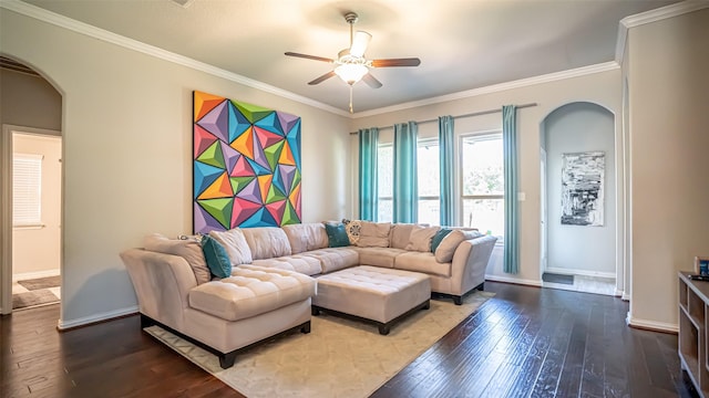 4100 Fanita Pl, Denton, TX 76210 - living area featuring arched walkways, hardwood / wood-style floors, ceiling fan, baseboards, and crown molding