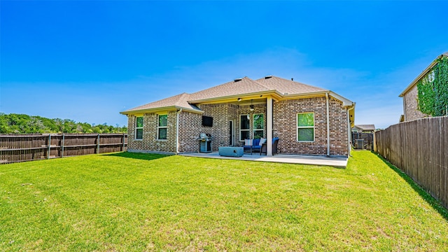 4100 Fanita Pl, Denton, TX 76210 - rear view of house with a patio, a ceiling fan, brick siding, and roof with shingles