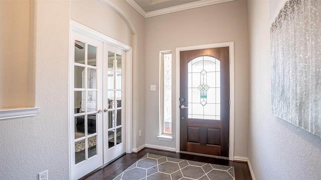 4100 Fanita Pl, Denton, TX 76210 - entrance foyer with french doors, ornamental molding, dark wood-style flooring, baseboards, and a textured wall